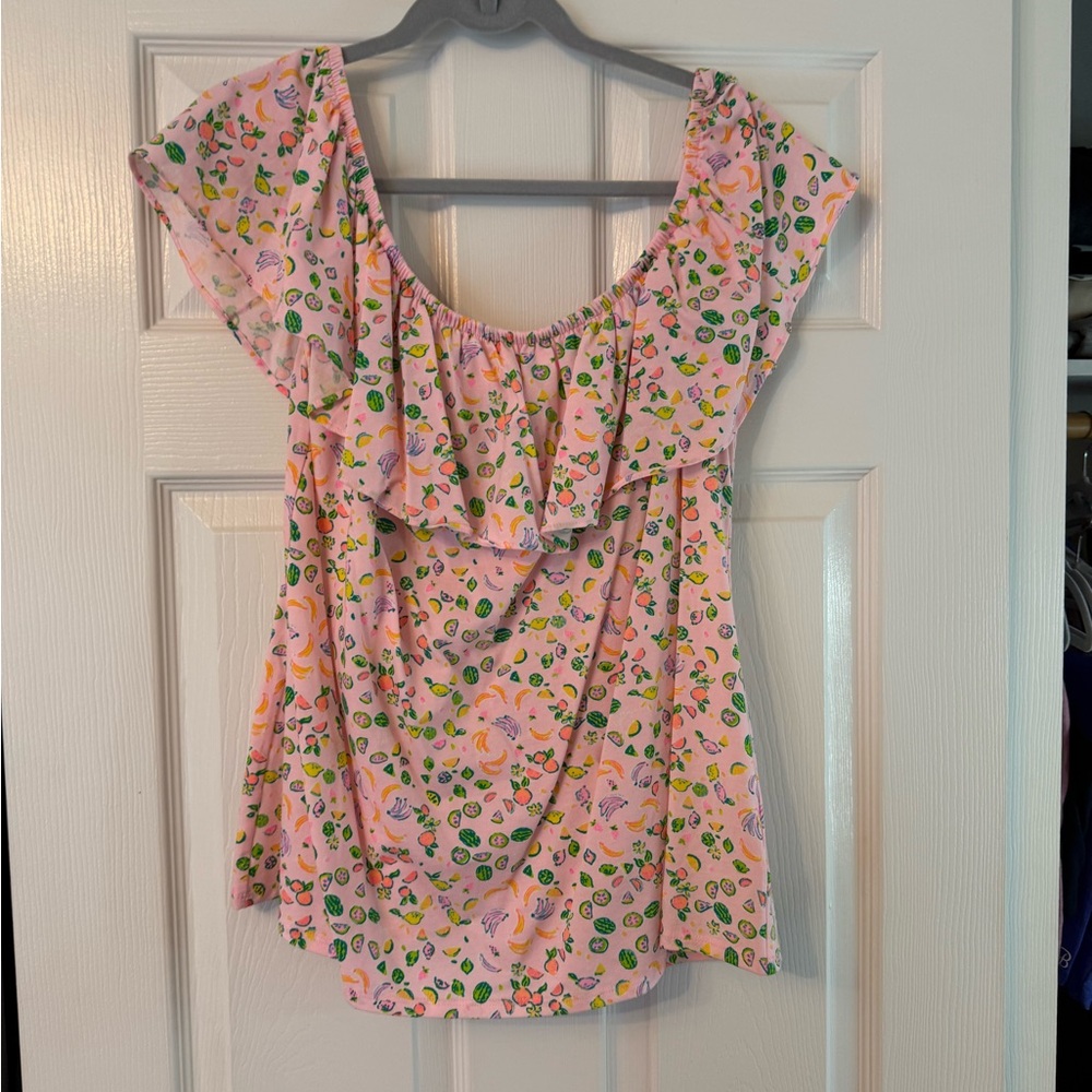 Lilly Pulitzer off the shoulder Floral Pink Ruffle Top size XL